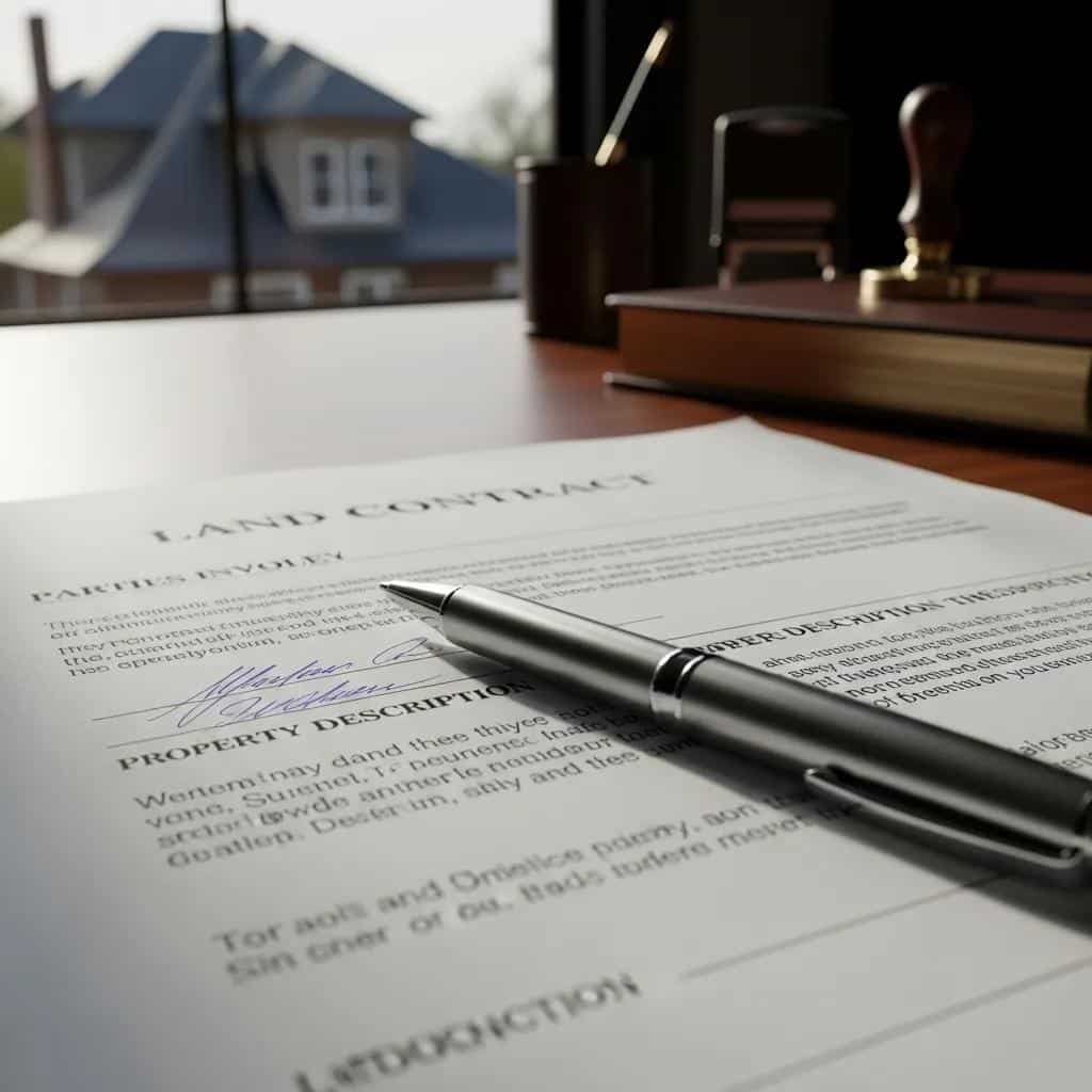 A close-up of a land contract document and pen on a table