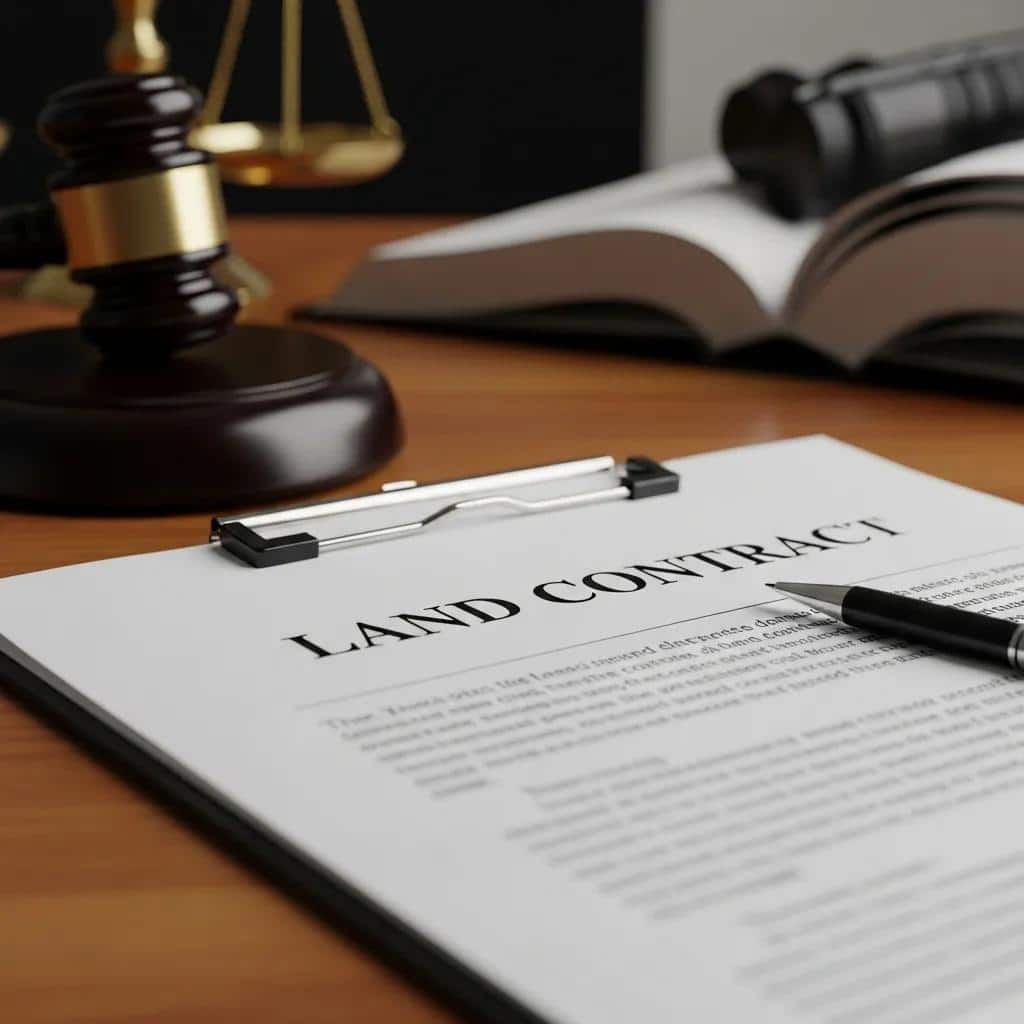 Close-up of a land contract on a desk beside a pen