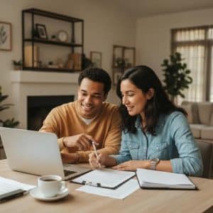 Couple discussing property contract in a cozy home setting