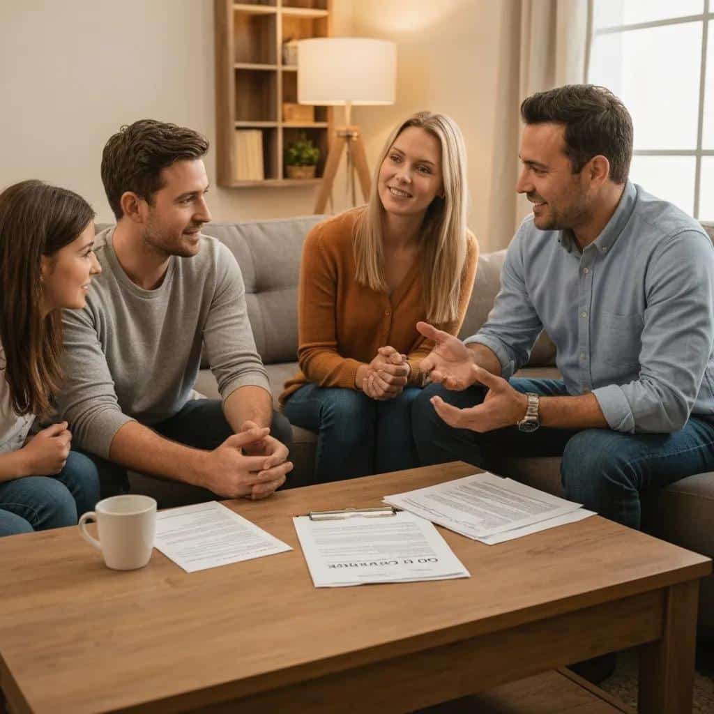 Family discussing a contract for deed in a cozy living room, emphasizing home financing