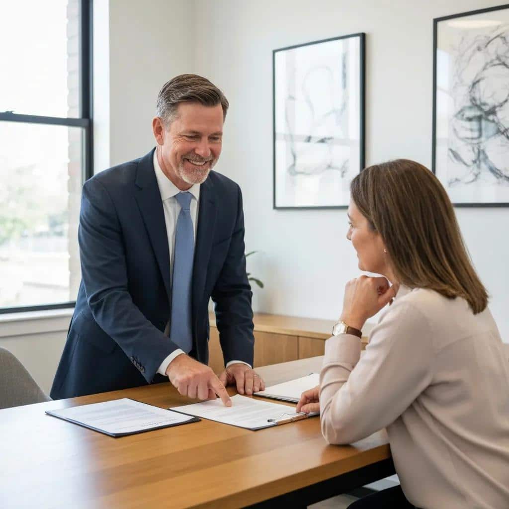 Agent reviewing contract details with a seller in an office