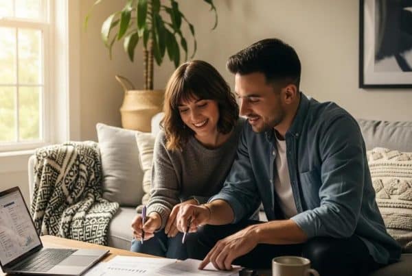 Couple reviewing home purchase options together in a cozy living room