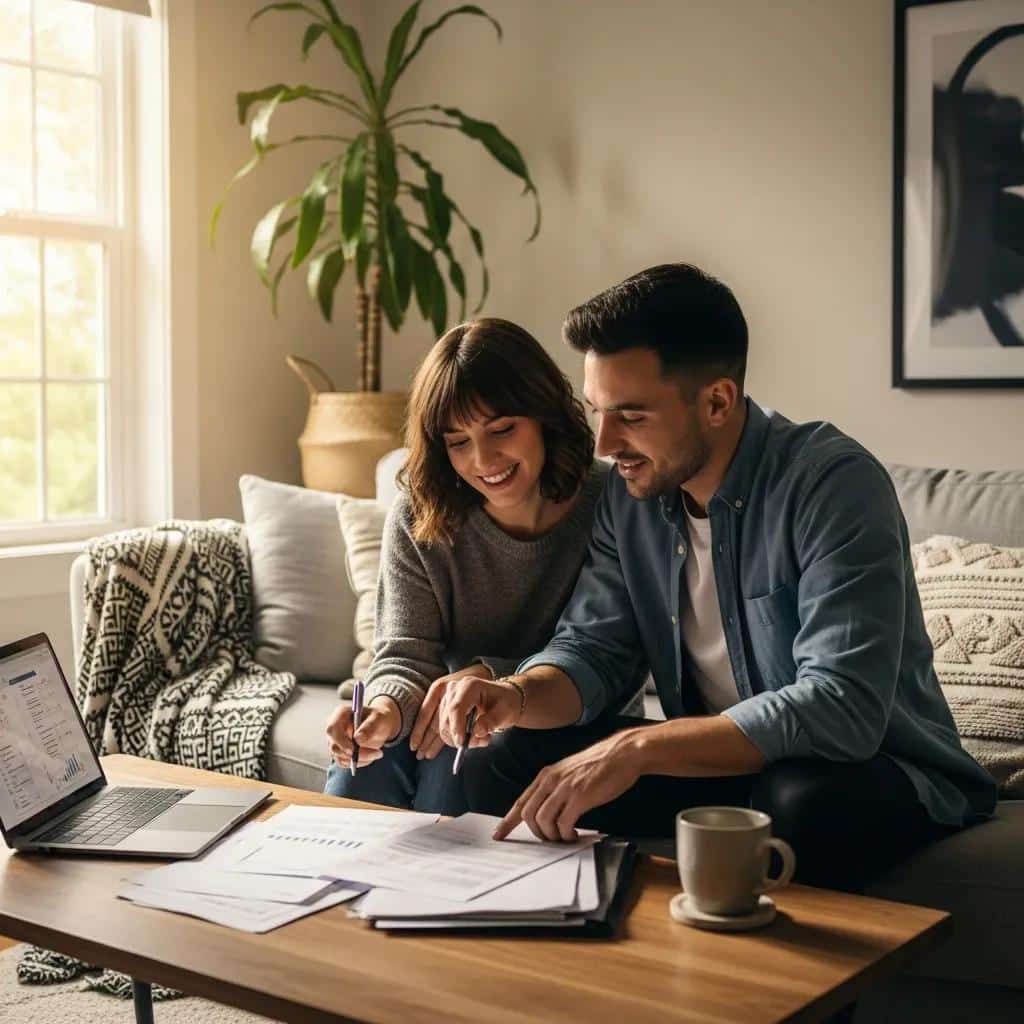 Couple reviewing home purchase options together in a cozy living room