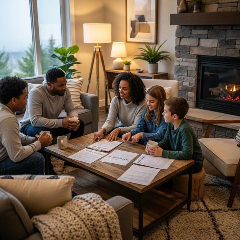 Family discussing homeownership options in a cozy living room