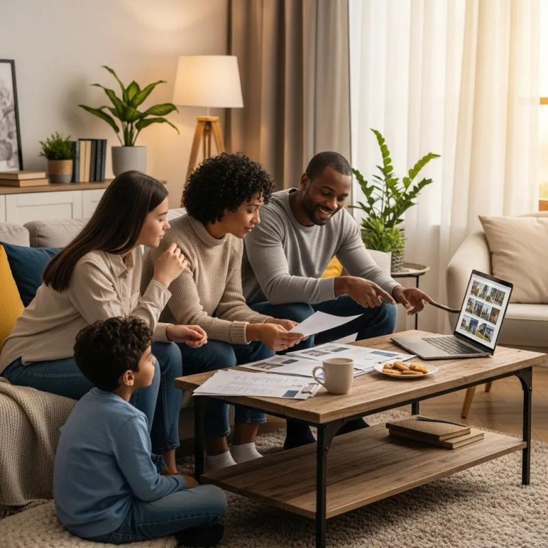 Family discussing real estate options in a cozy living room with documents and a laptop