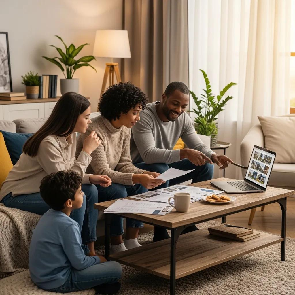 Family discussing real estate options in a cozy living room with documents and a laptop