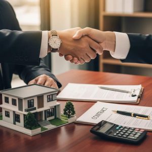 Two hands shaking over a small house model, symbolizing a seller-financed agreement