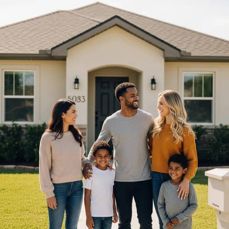 Happy family in front of their new home representing alternative homeownership solutions