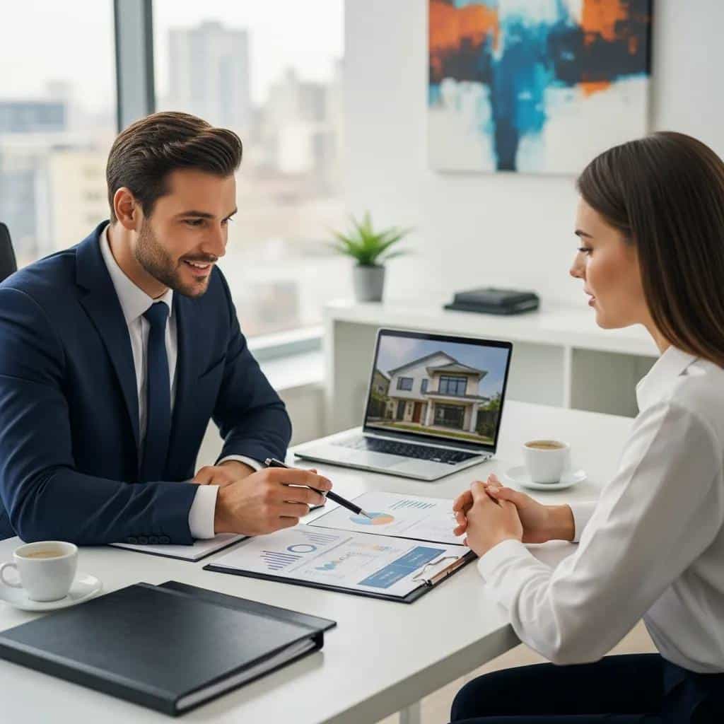 Real estate agent reviewing financing options with a client in an office