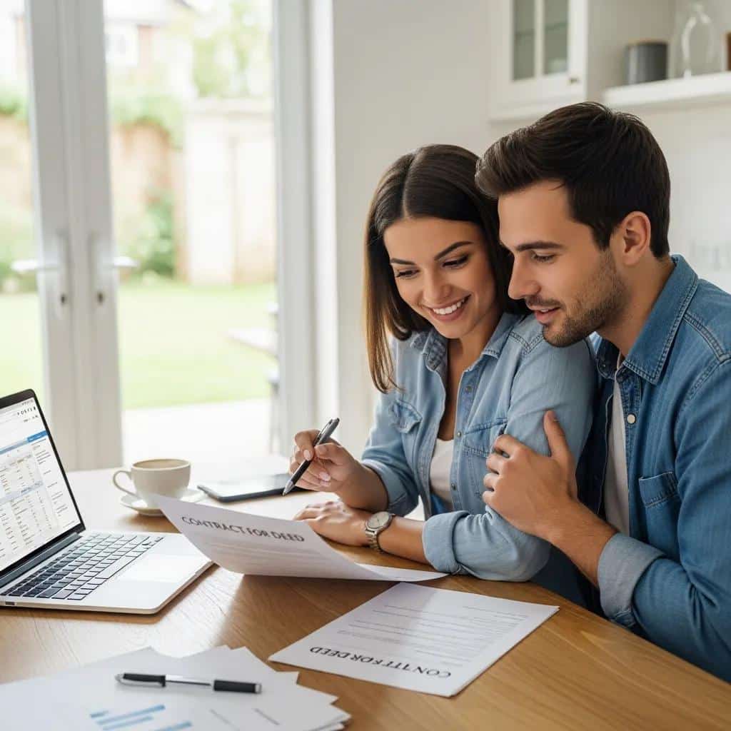 Couple reviewing a land contract at a kitchen table