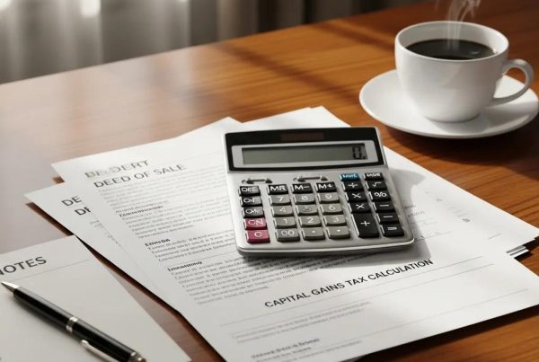 Calculator and property documents showing capital gains calculations