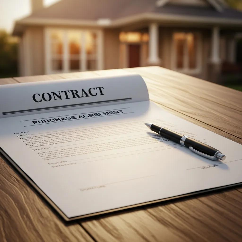 Close-up of a real estate contract and pen beside a small house model
