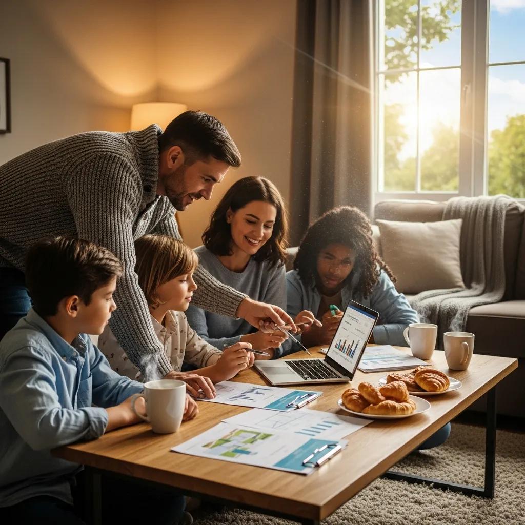 Family discussing property options in a cozy living room, emphasizing seller financing and contract for deed