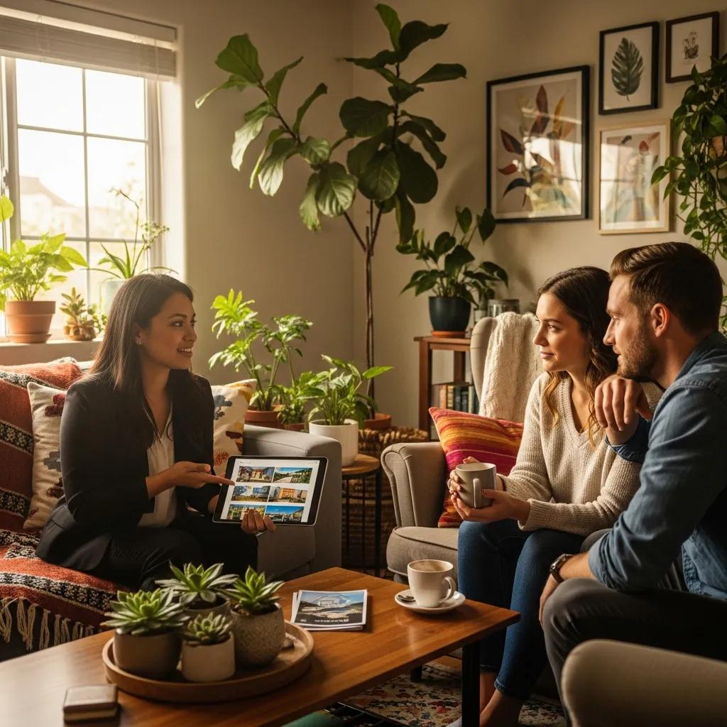Real estate agent discussing Contract for Deed with potential buyers in a cozy living room
