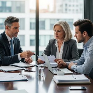 Attorney reviewing contract for deed terms with seller and buyer